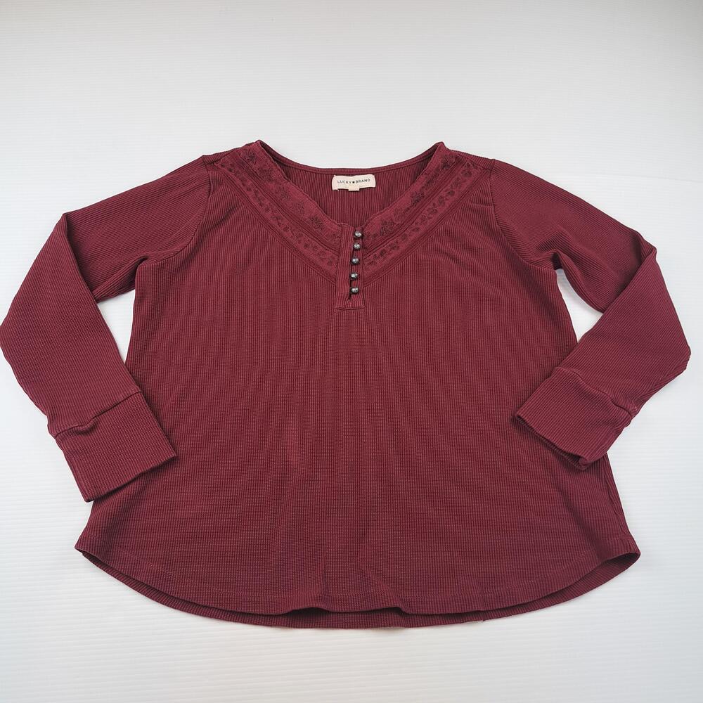 Lucky Brand Shirt Womens Plus 1X Red Waffle Knit Henley Long Sleeve Tunic Top